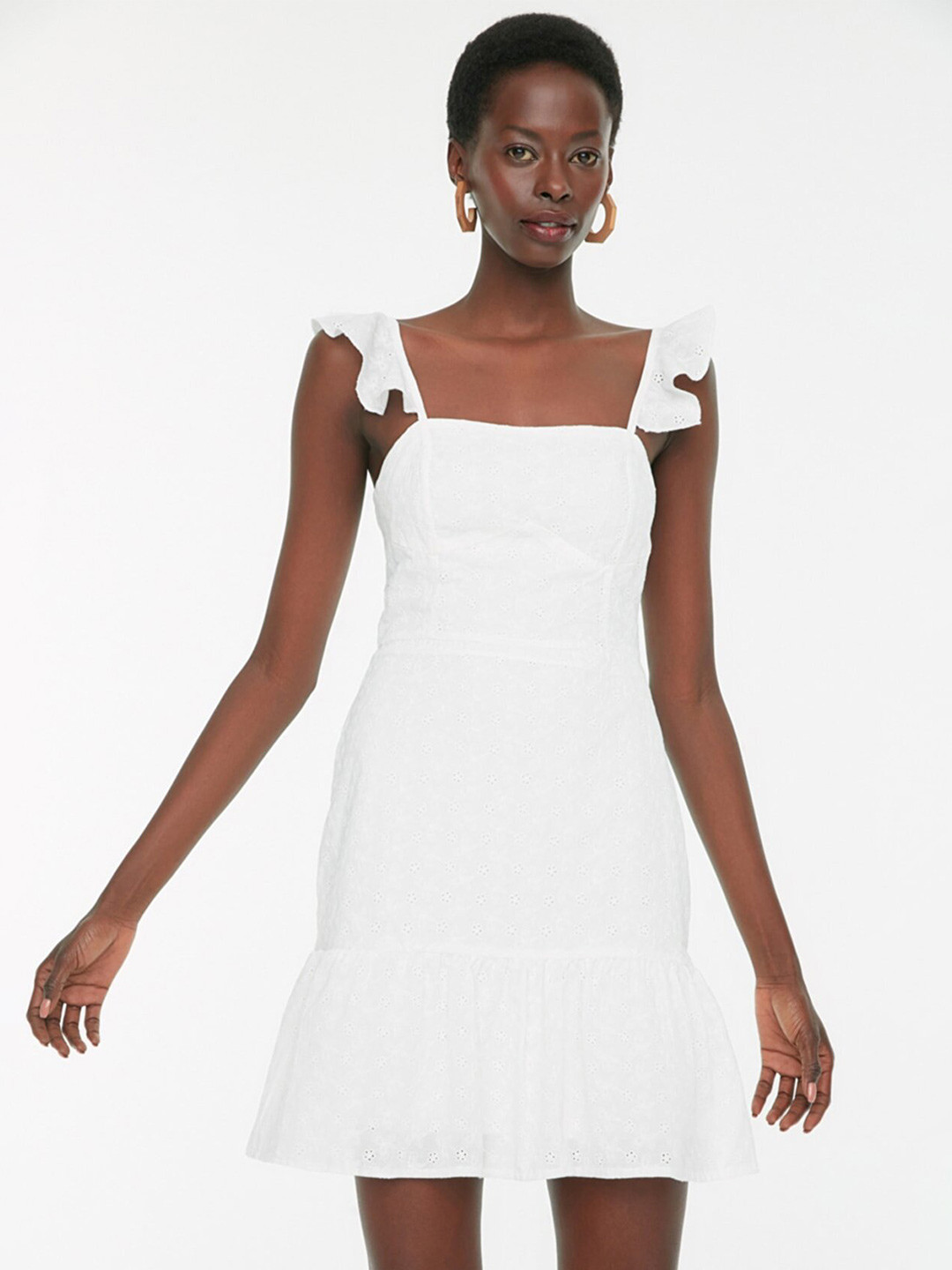 Trendyol Self Design Micro Pattern Ruffled Flounce Pure Cotton A-Line Dress