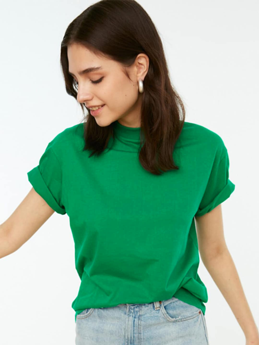 Trendyol Women High Neck Drop-Shoulder Sleeves Cotton T-shirt