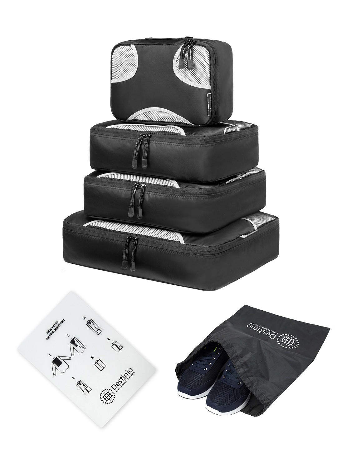 Destinio Set of 4 Black Packing Storage Bag Travel Organizer