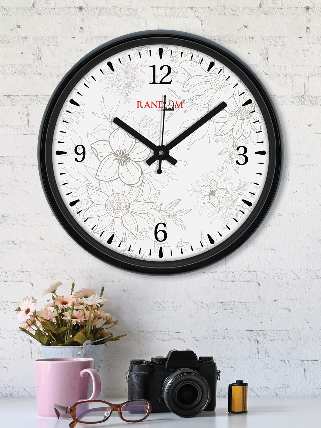 RANDOM Sun Flowers Black & Off White Printed Wall Clock With Glass