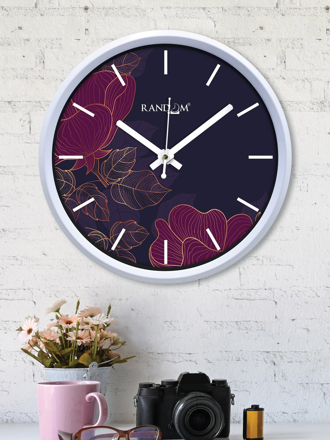 RANDOM Flowers art Navy Blue & Pink Contemporary Wall Clock