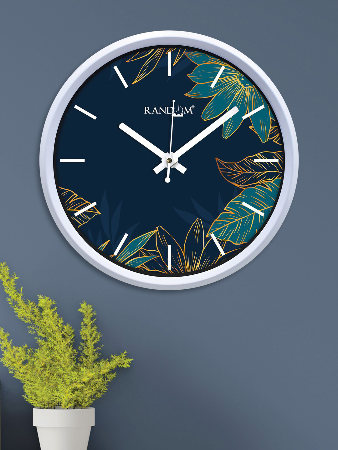 RANDOM Leaf Art Navy Blue & Green Printed Wall Clock