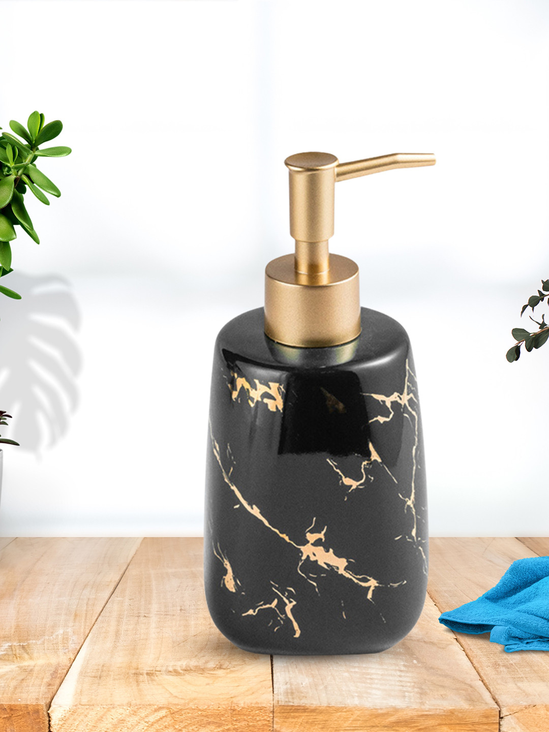 Nestasia Black & Gold-Toned Printed Ceramic Rust Poof Round Liquid Soap Dispenser