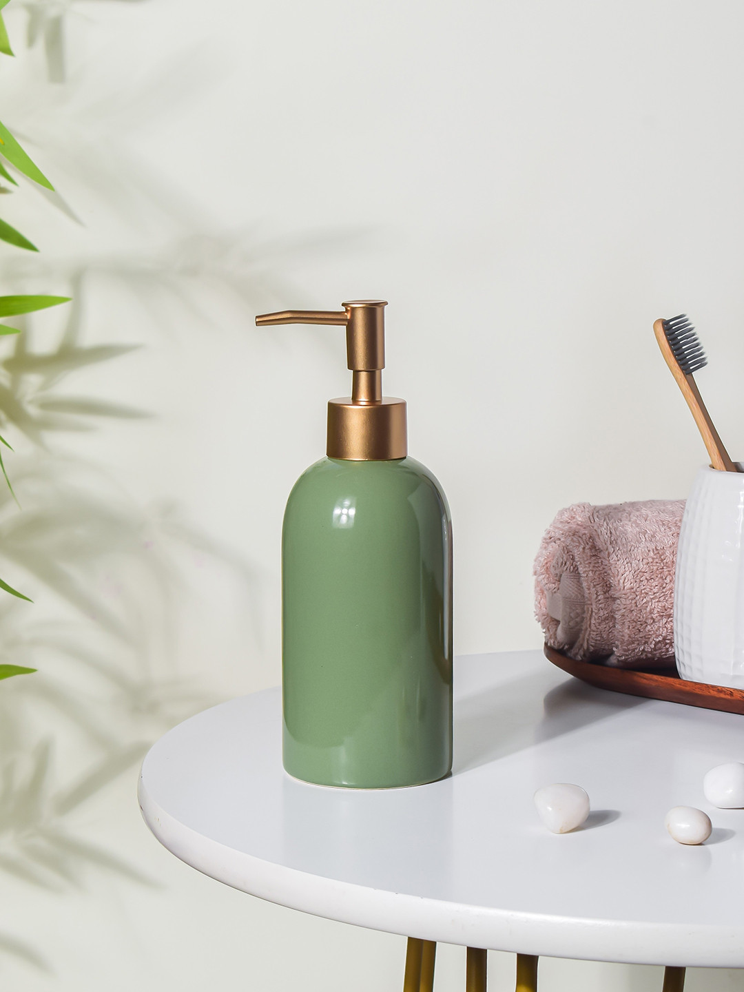 Nestasia Green & Gold-Metallic Toned Ceramic Rust Poof Round Liquid Soap Dispenser