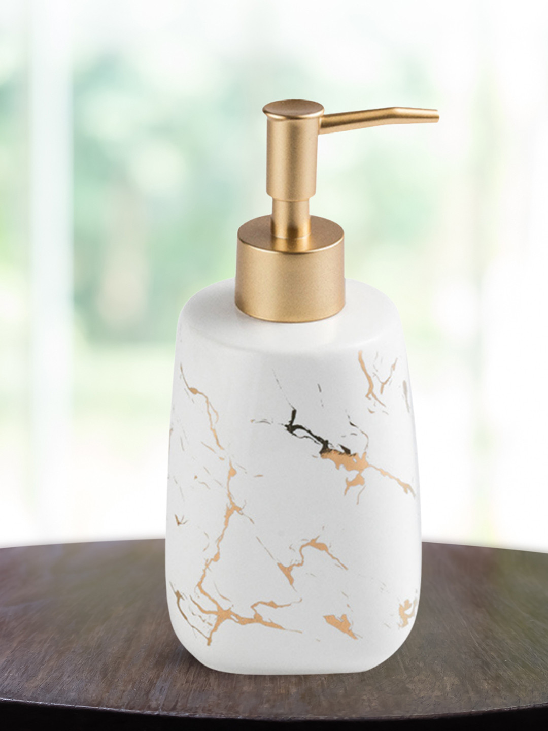Nestasia White & Gold-Toned Marble Finish Rust-Poof Ceramic Soap Dispenser