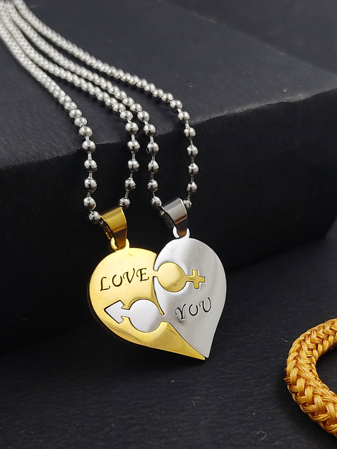 Saizen Set of 2 Gold-Plated Dual Heart Shape Couple Pendants With Chains