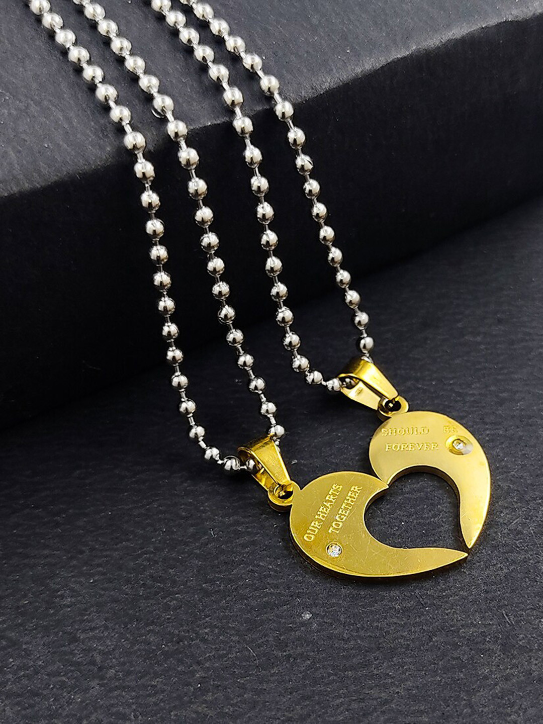 Saizen Set Of 2 Gold-Plated Stone-Studded Heart Shaped Couple Pendant with Link Chain