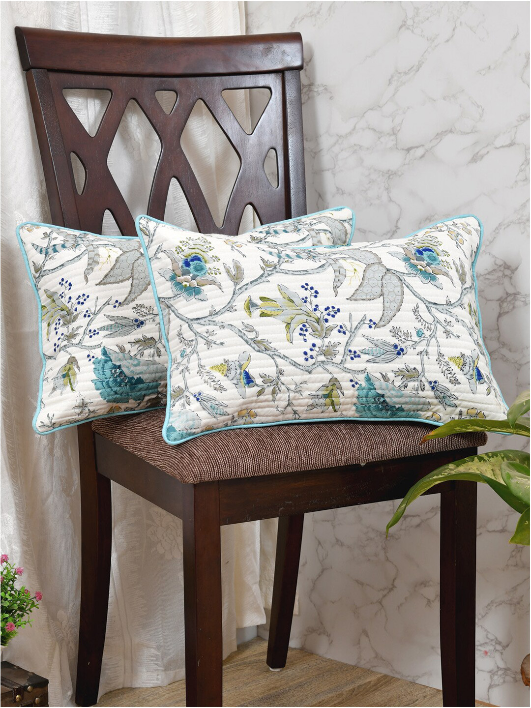 Clasiko Cream & Teal Blue  Set of 2 Floral Rectangle Cushion Covers