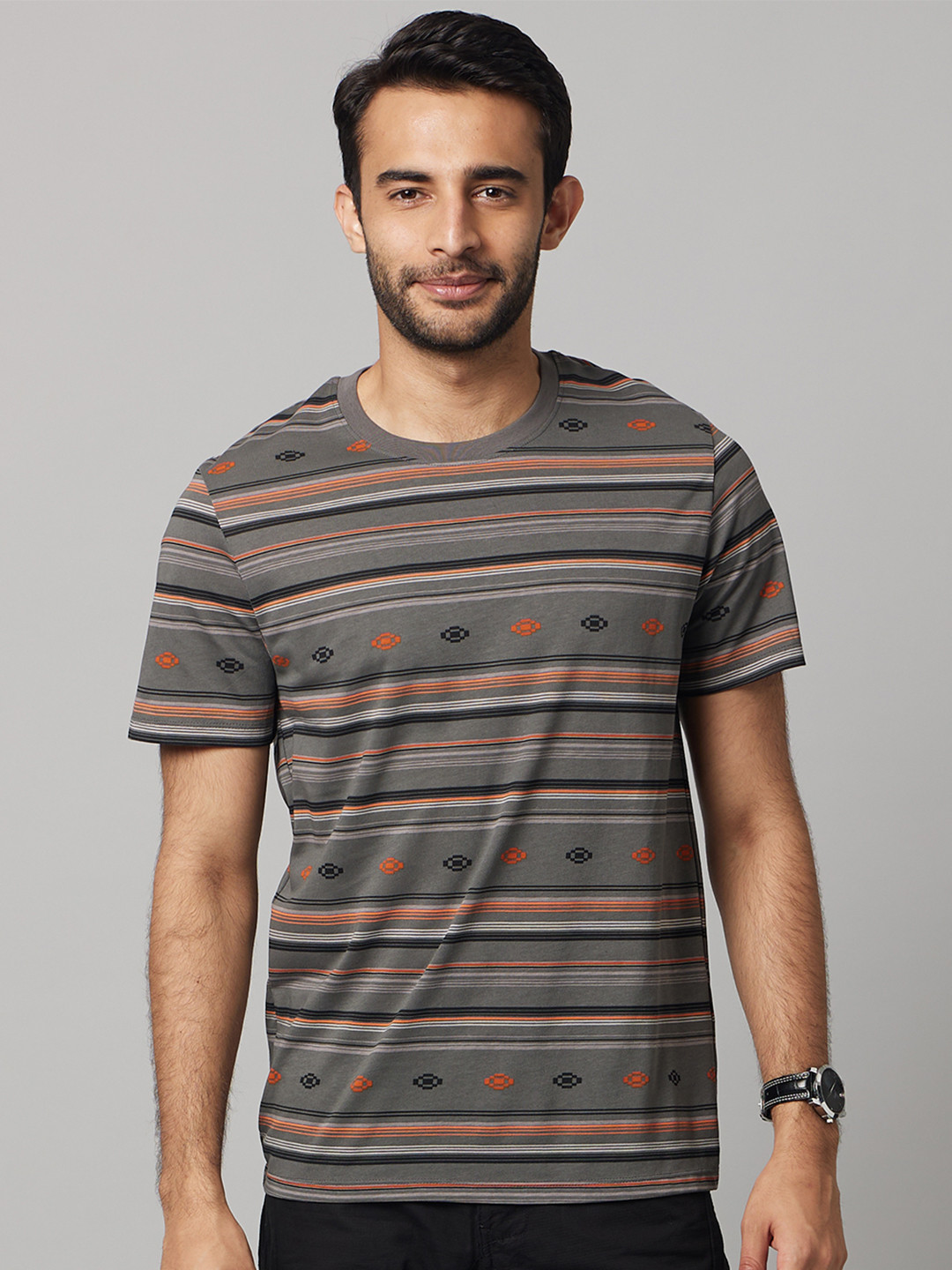Celio Men Charcoal & Brown Striped T-shirt