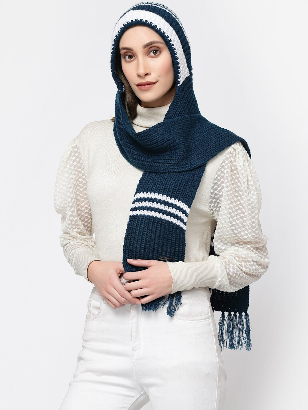 513 Women Self Design Merino Wool Knitted Muffler With Attached Cap