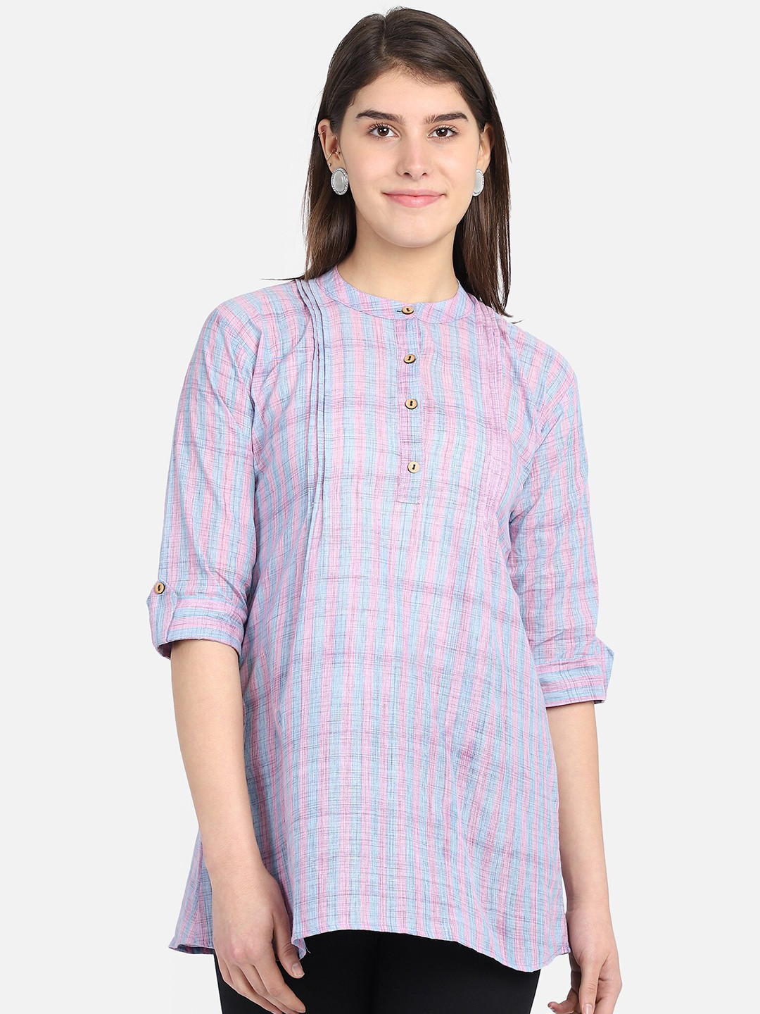 SAHORA Checked Mandarin Collar Roll-Up Sleeves Top