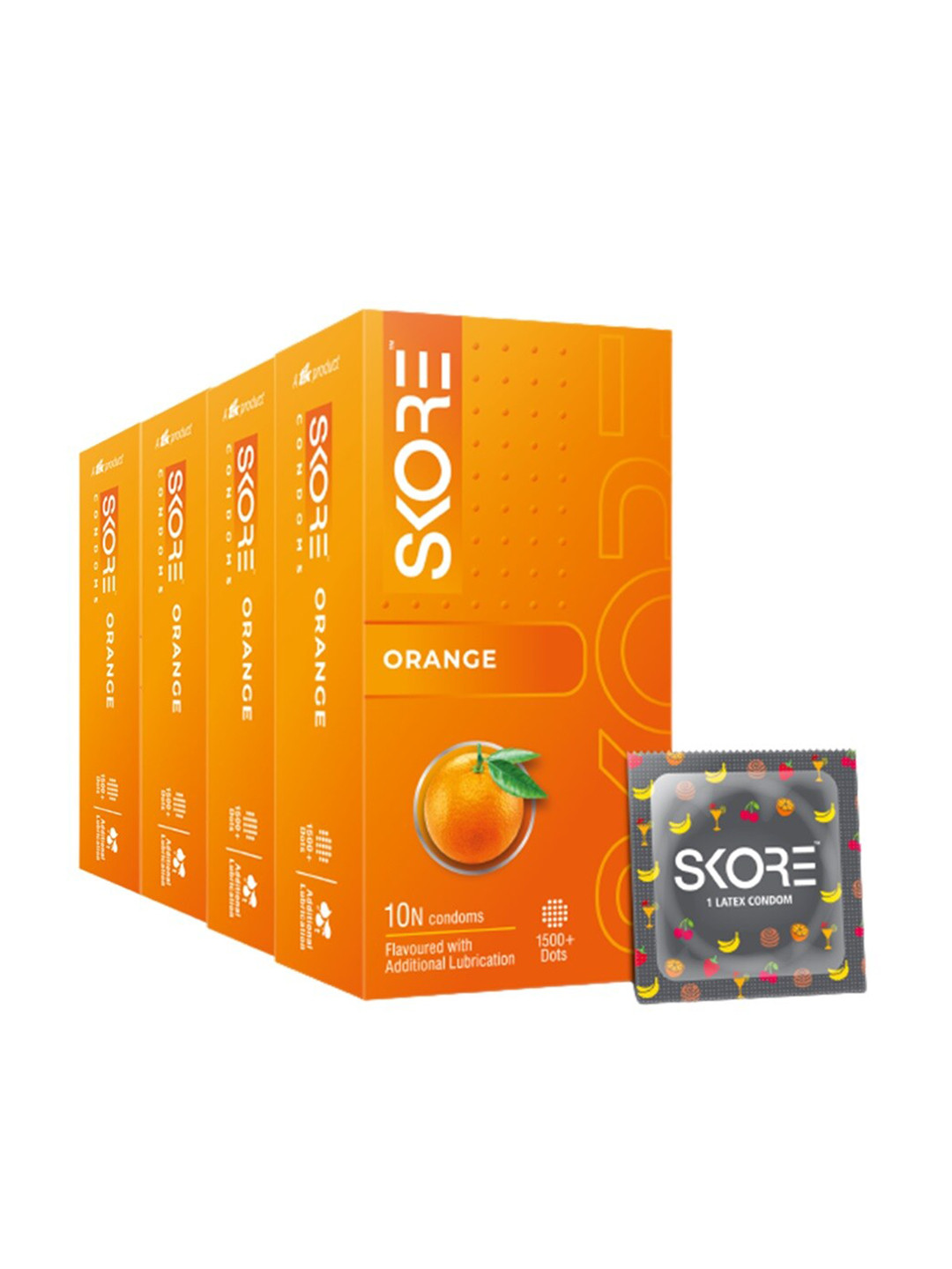SKORE Men Set Of 4 Orange Flavored With 1500 & Raised Dots Condoms-10 Pieces Each
