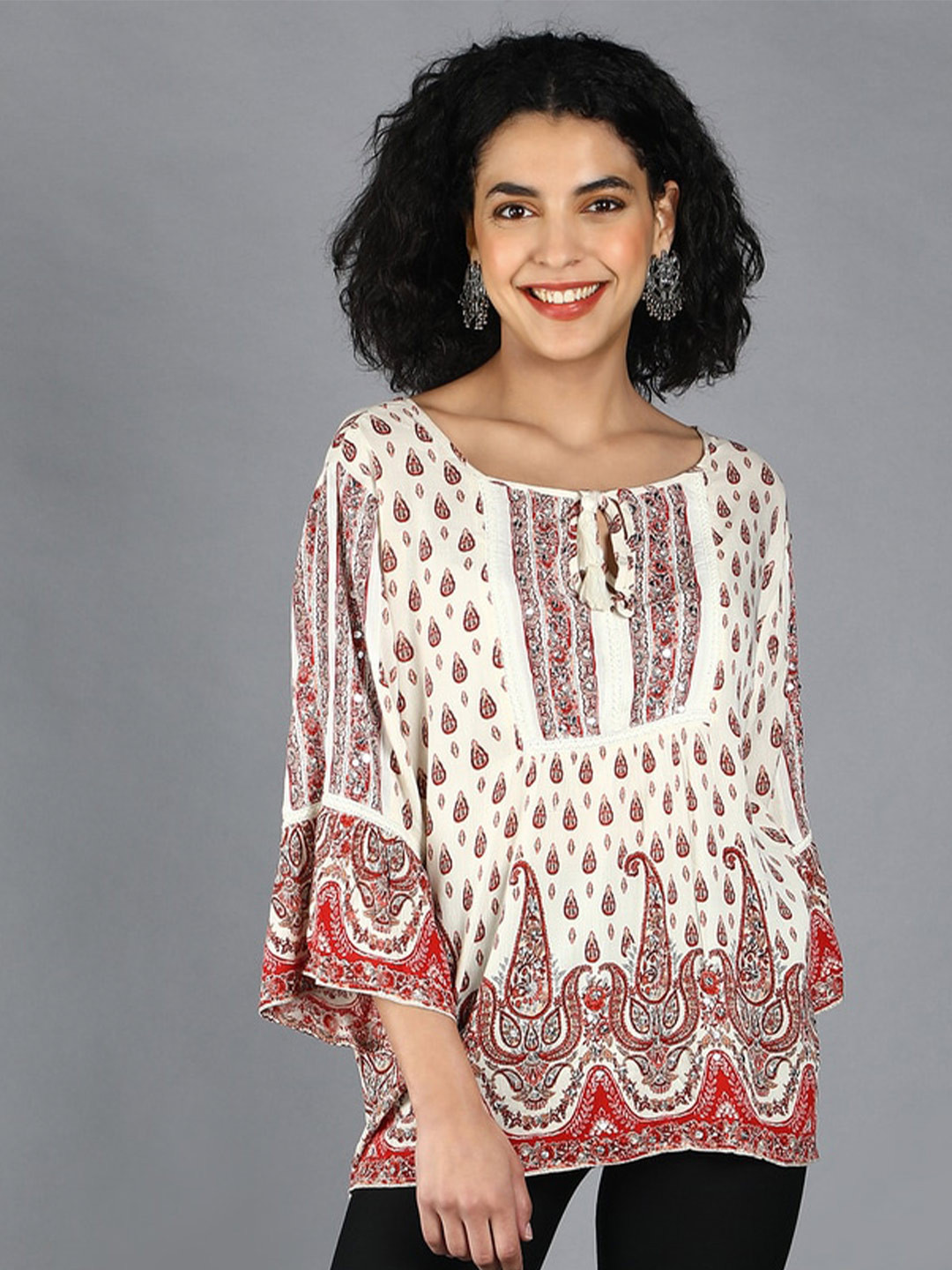 DEBONATELLA Tie-Up Neck Ethnic Printed Tunic