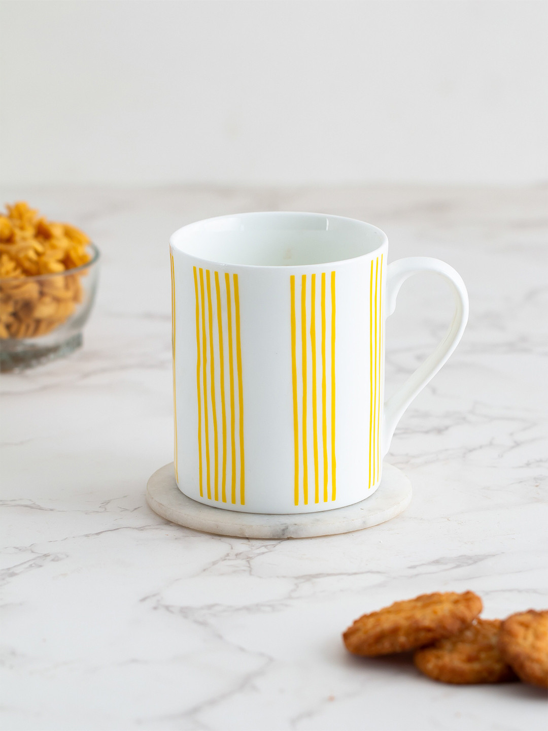 CLAY CRAFT Thank U White Striped Ceramic Microwave Safe 2 Piece Mugs-350ml