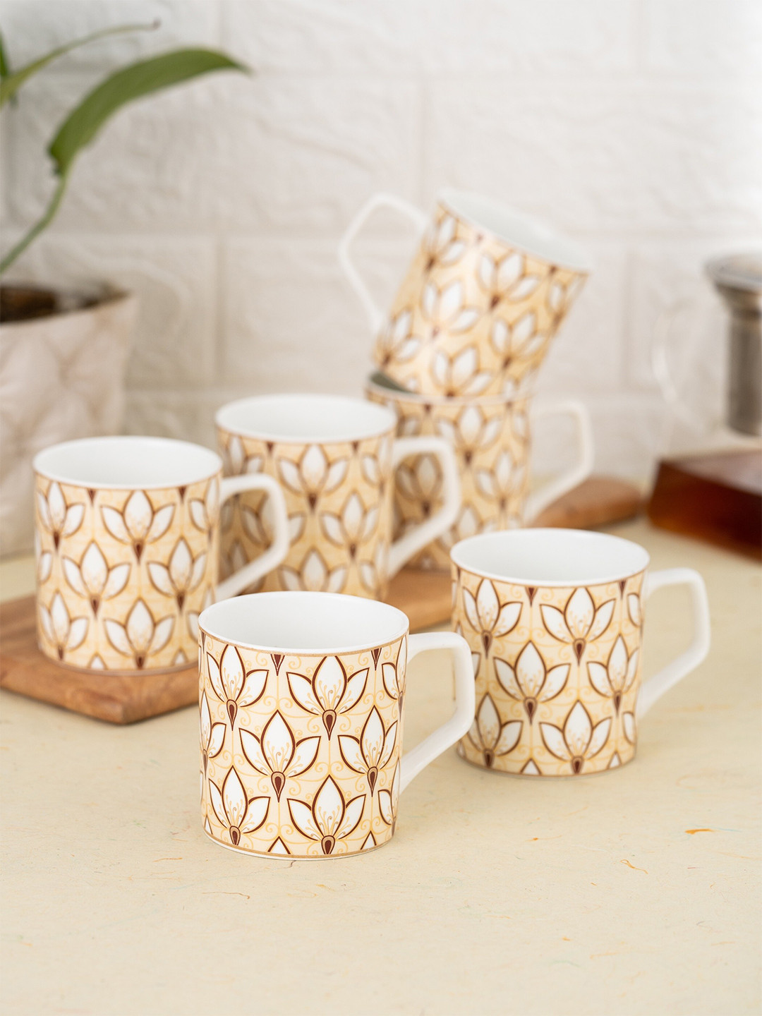 CLAY CRAFT Little Dude Big Love Beige Floral Ceramic Handmade 6 Piece Mugs-180ml