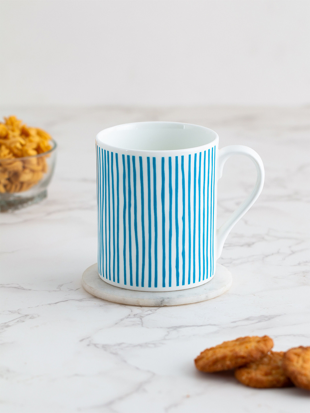 CLAY CRAFT Devik Name Personalised White Striped Ceramic Microwave Safe 2 Piece Mugs-350ml