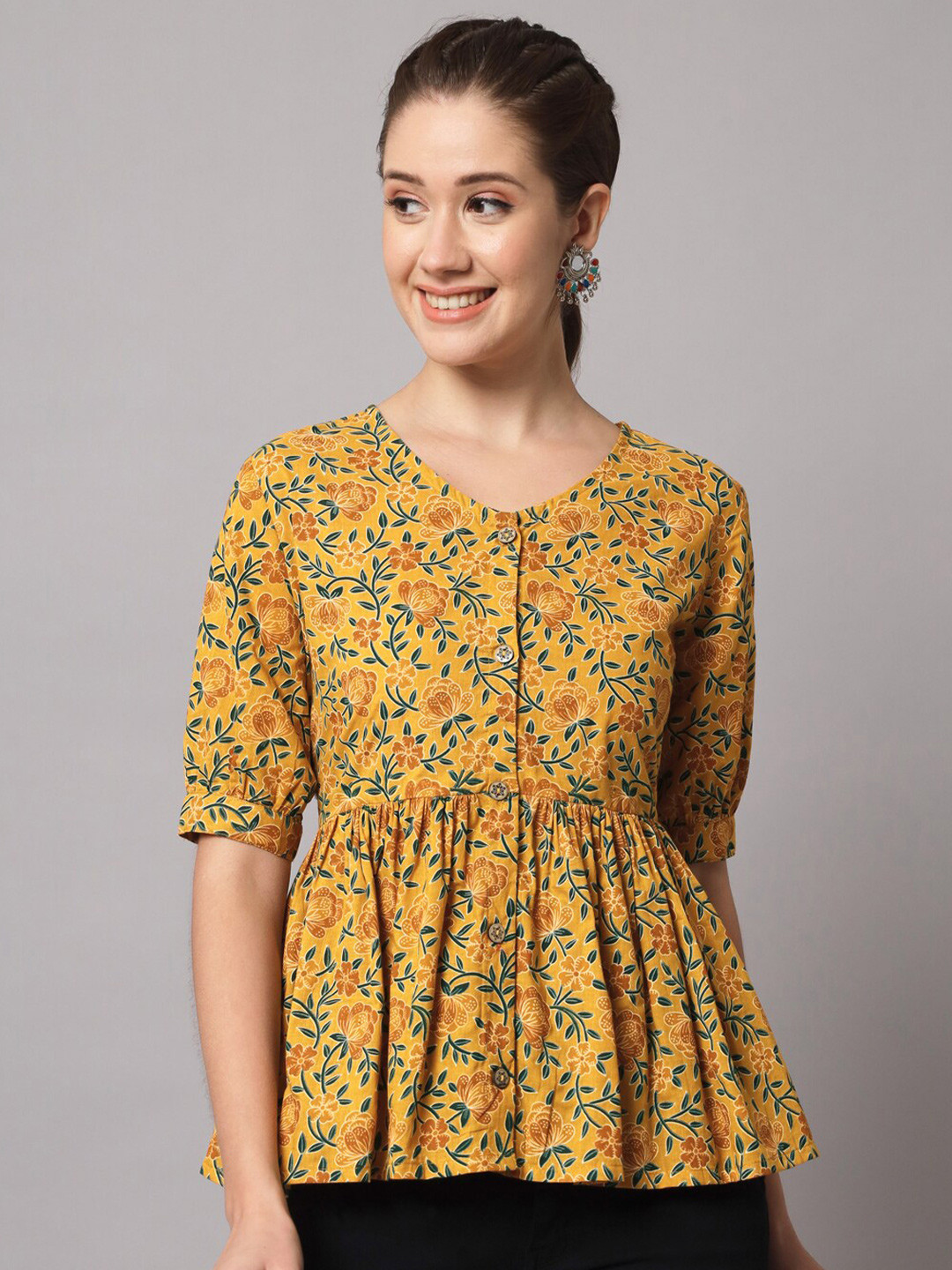 KBZ Mustard Floral Print Cotton Top