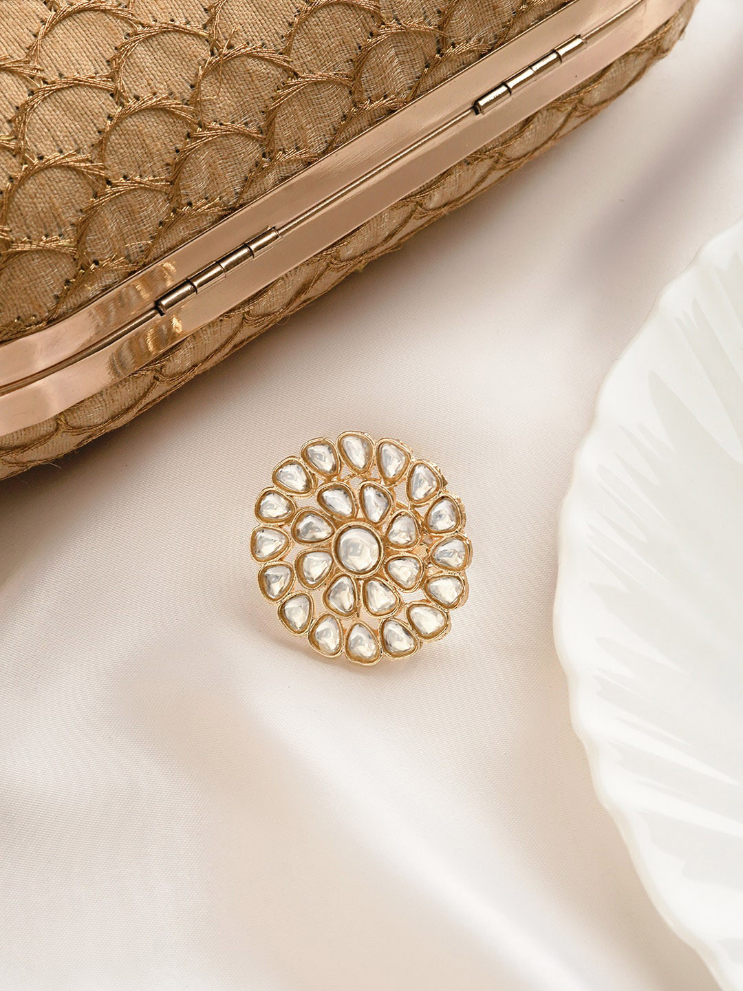 TEEJH Stone-Studded & Beaded Pearl and Polki Finger Ring