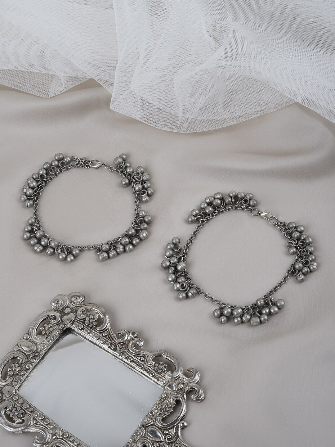 TEEJH Nazreen Silver-Plated Oxidised Ghungroo Anklets