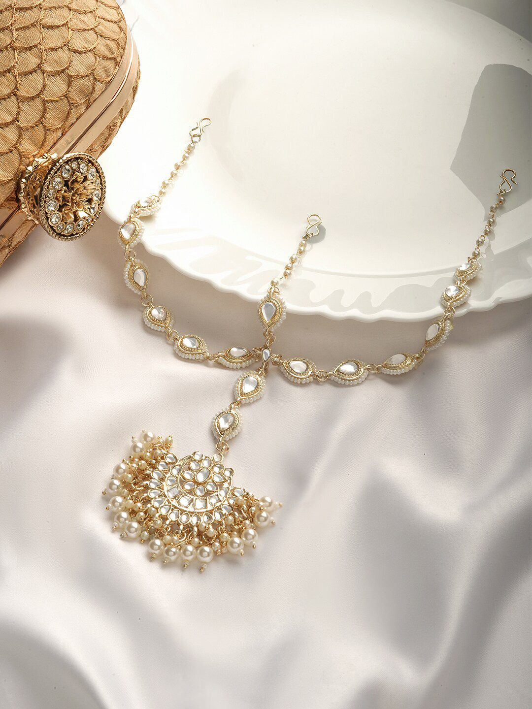 TEEJH Kundan Studded & Beaded Matha Patti Head Jewellery