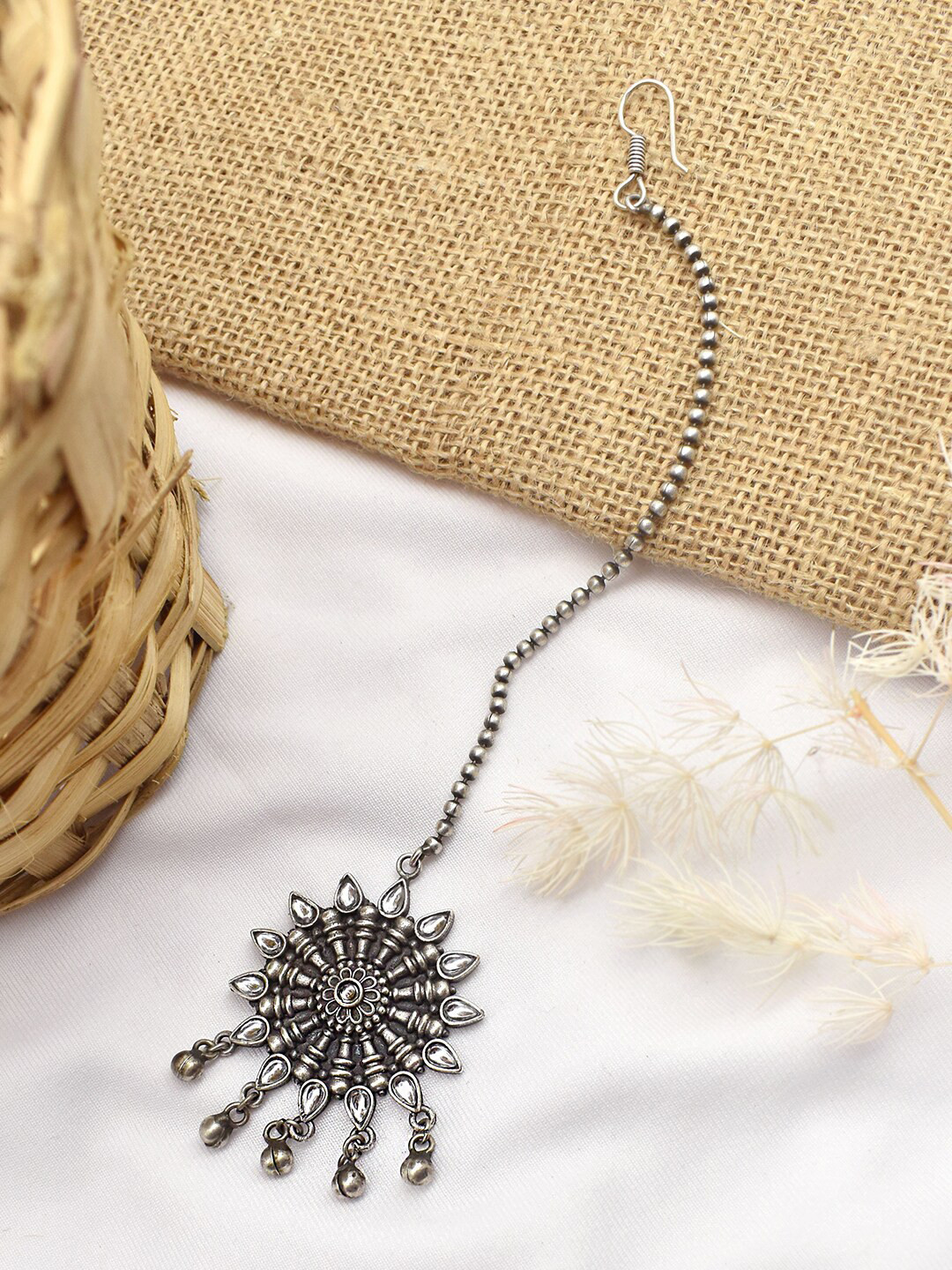 TEEJH Tarini Oxidised Stones Studded & Beaded Maang Tikka