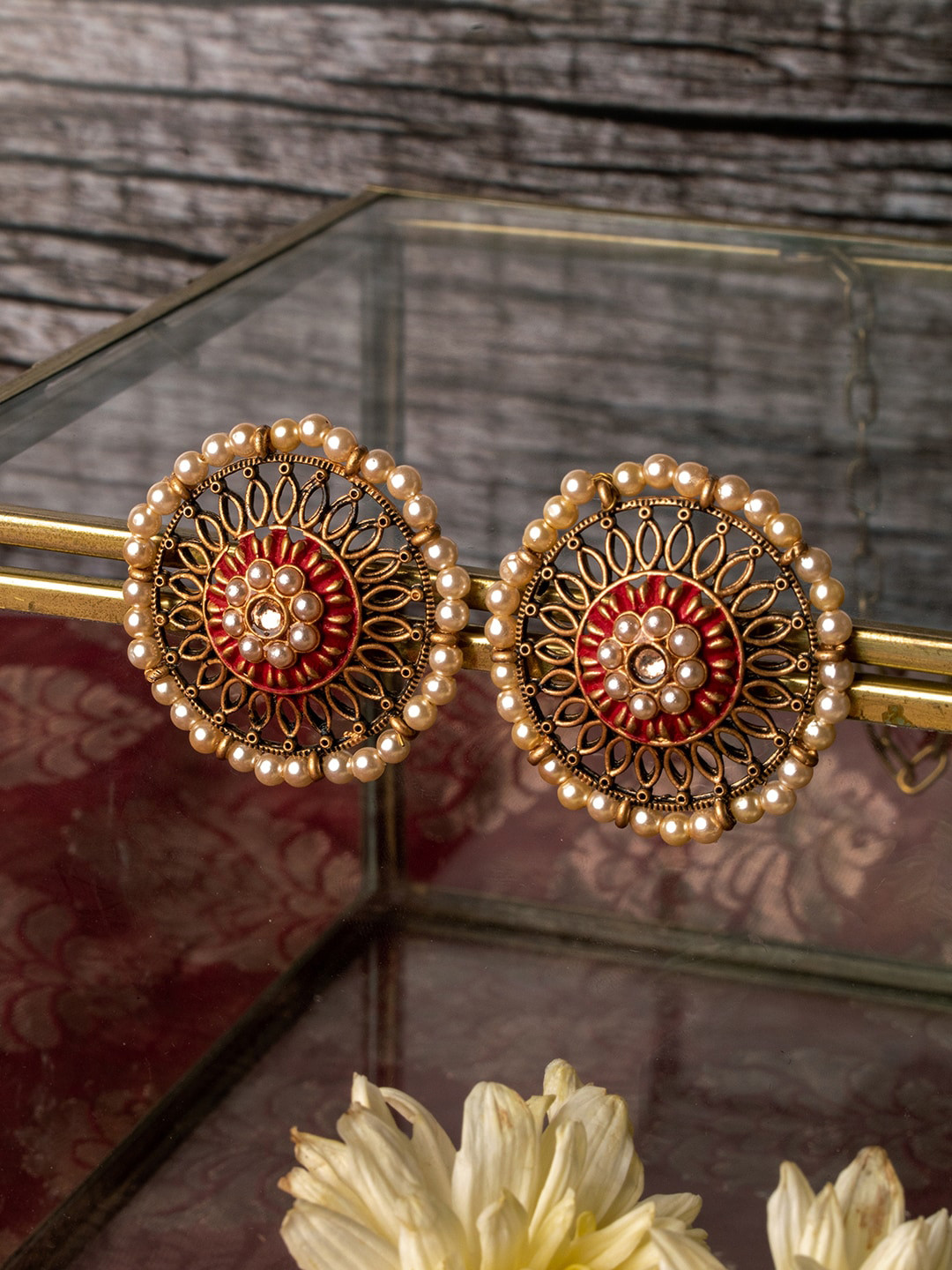 TEEJH Red Circular Studs Gold Enamel Earrings