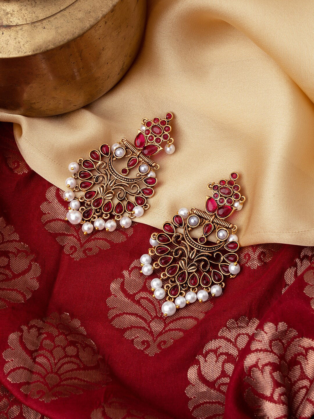 TEEJH Red Gold-Plated Contemporary Drop Enamel Earrings