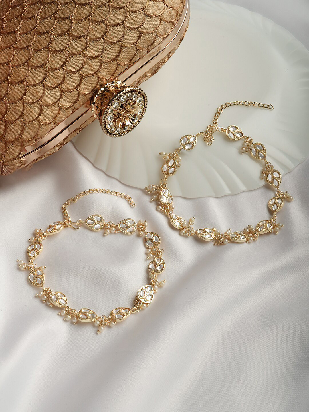 TEEJH Pack Of 2 Stone-Studded & Pearl Beaded Polki Anklet