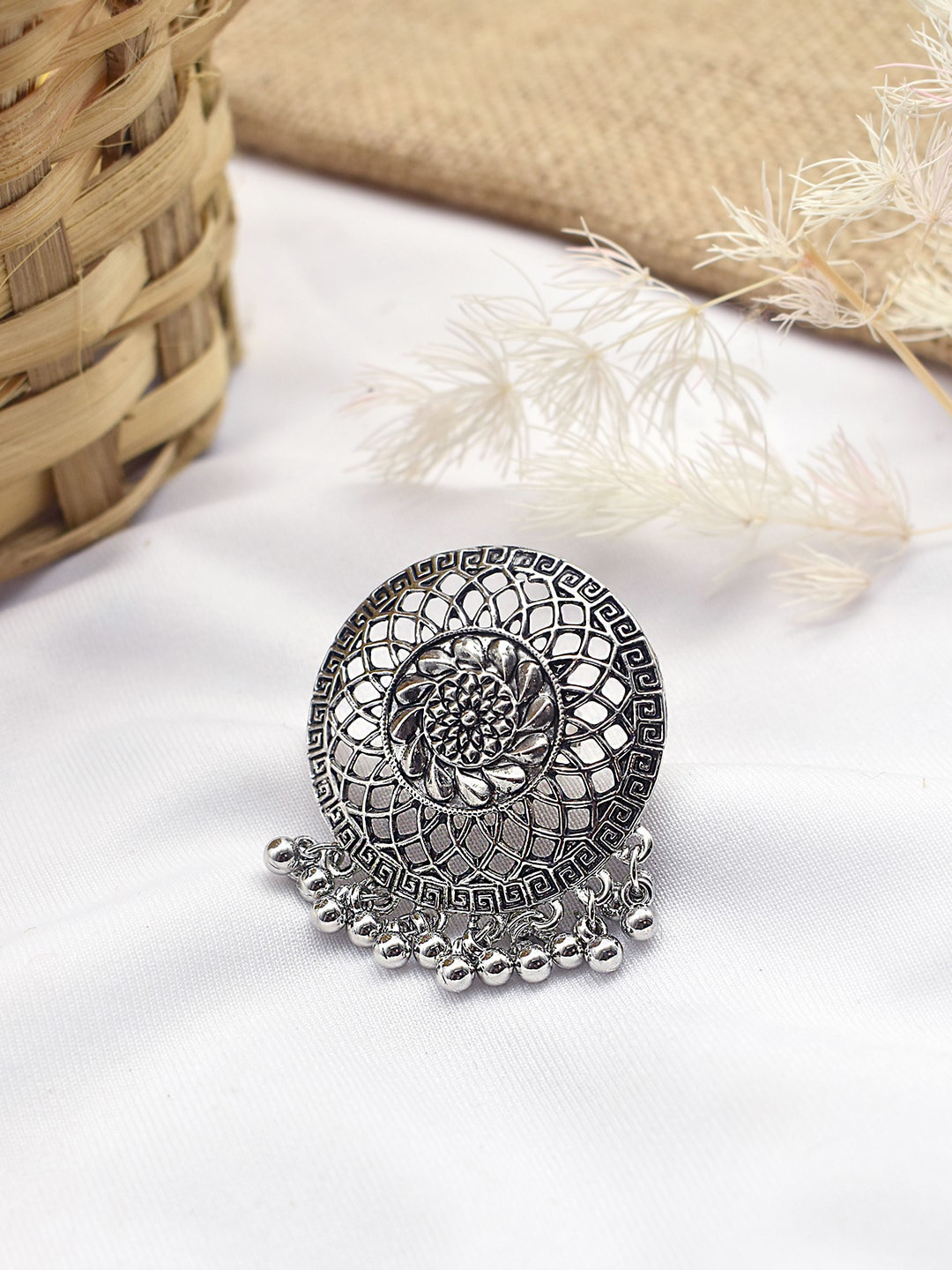 TEEJH Tahera Oxidized Beaded Adjustable Finger Ring