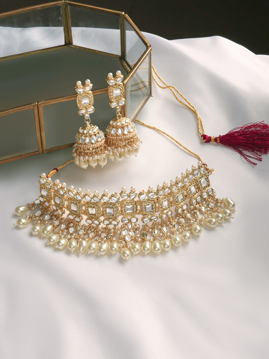 TEEJH Artificial Stones and Beads Choker Necklace With Earrings