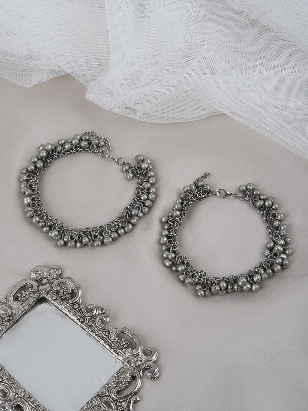 TEEJH Nazah Silver-Plated Ghungroo-Beaded Oxidised Anklet