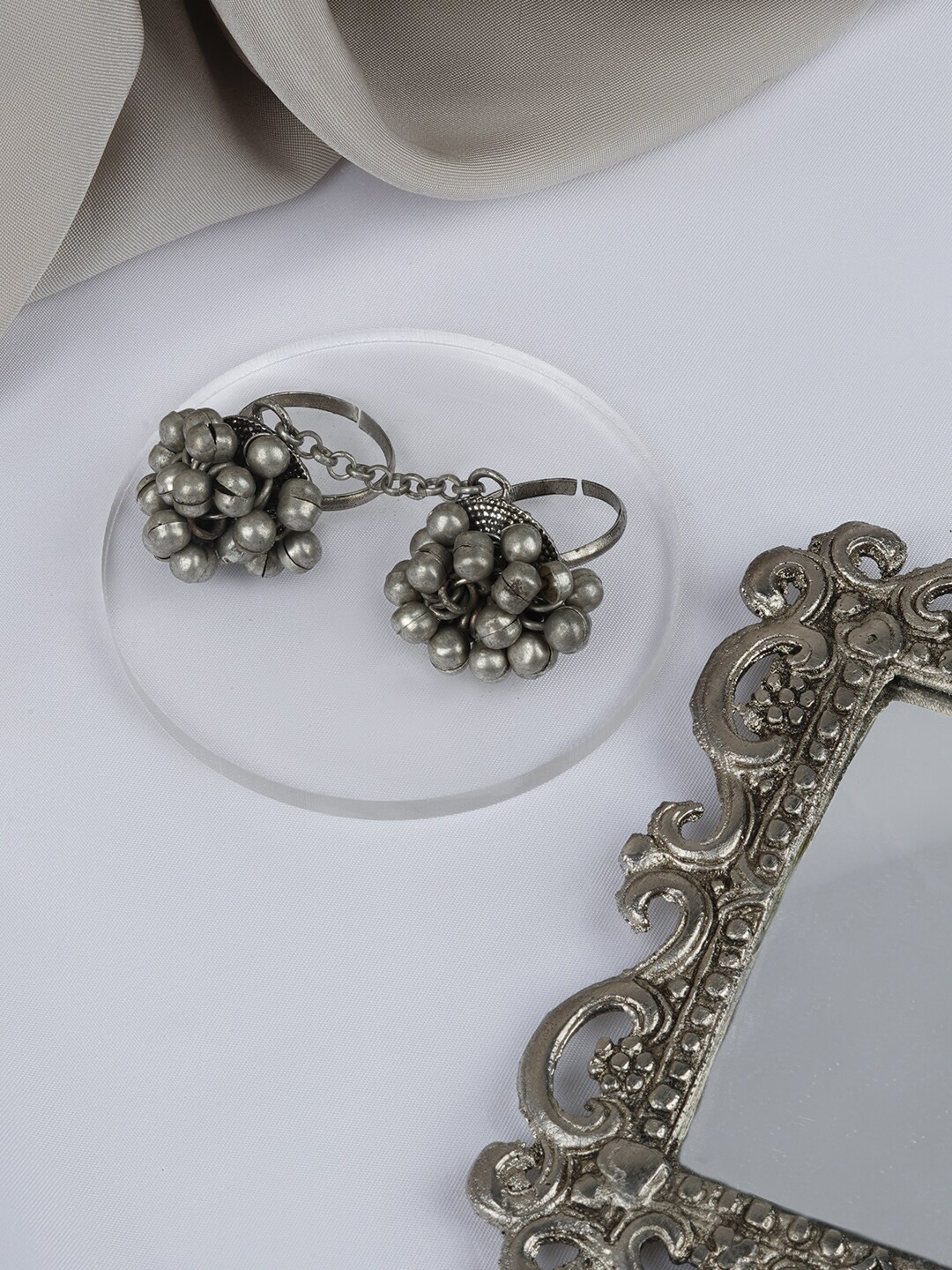 TEEJH Mawra Silver-Plated Ghungroo-Beaded Oxidised Finger Rings