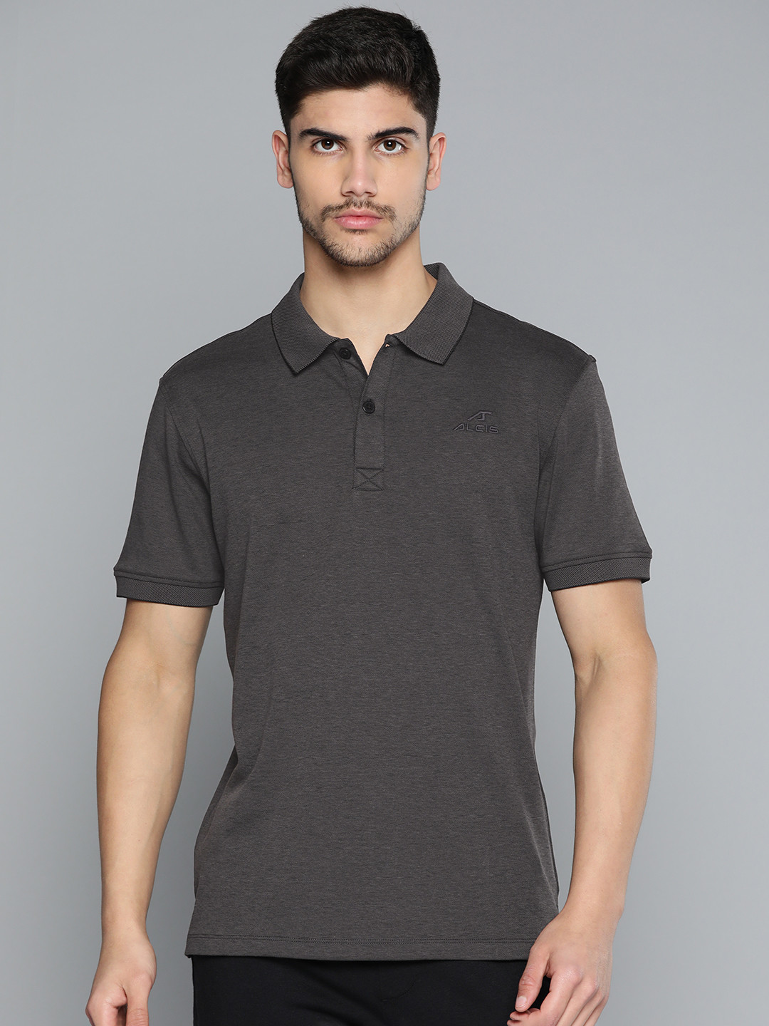 Alcis Men Anti Static Grey Tshirts Solid Polo Collar Slim Fit T-shirt