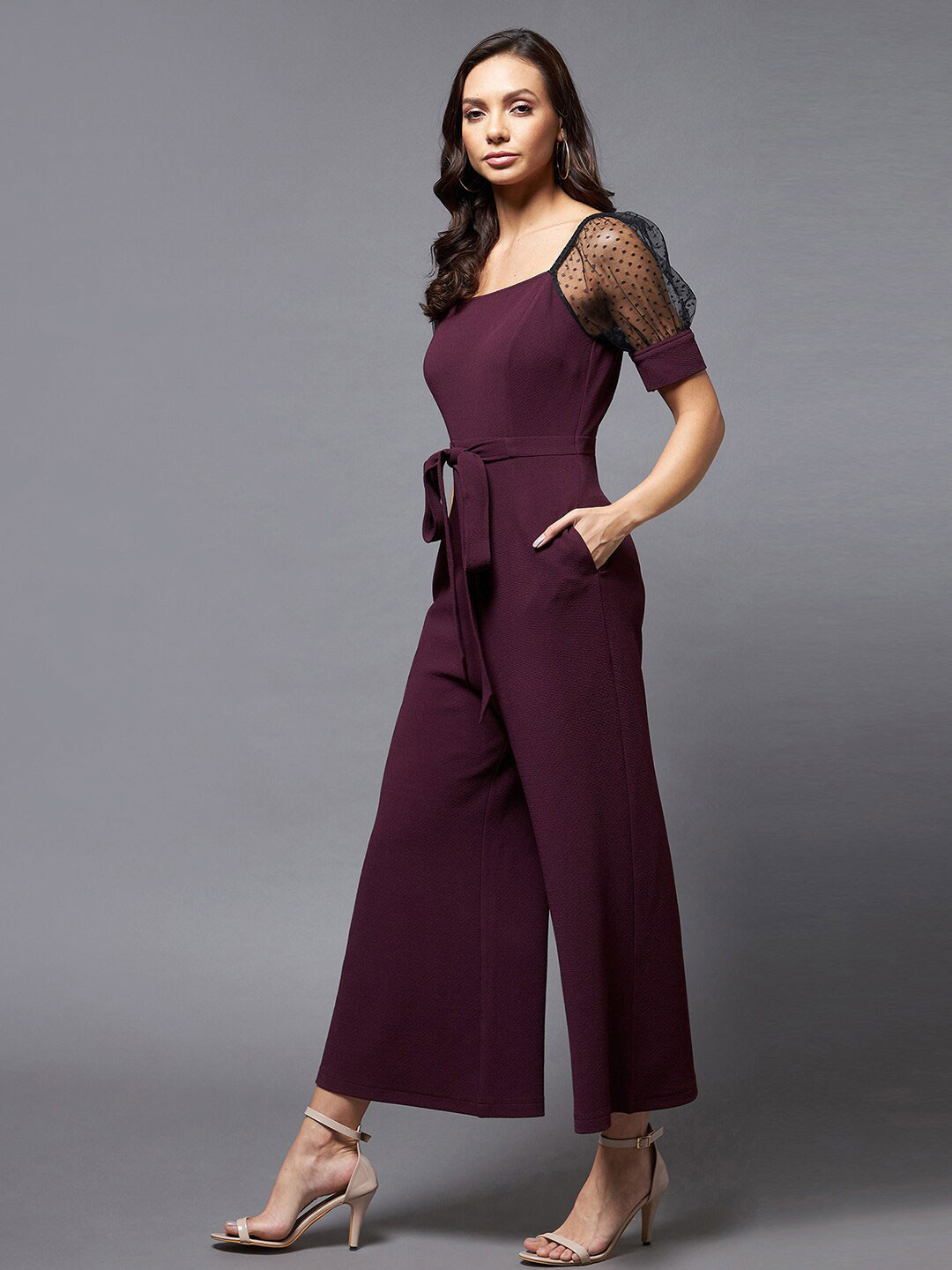 Miss Chase Square Neck Waist Tie-Up Basic Jumpsuit