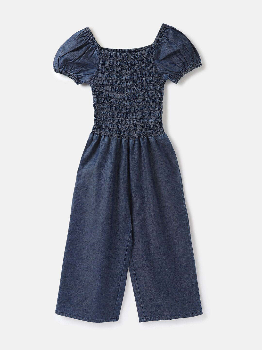 United Colors of Benetton Girls Smoked Design Square Neck Cotton Basic Jumpsuit