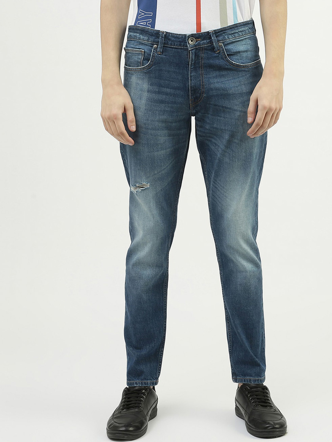 United Colors of Benetton Men Low Distress Heavy Fade Regular Fit Cotton Jeans