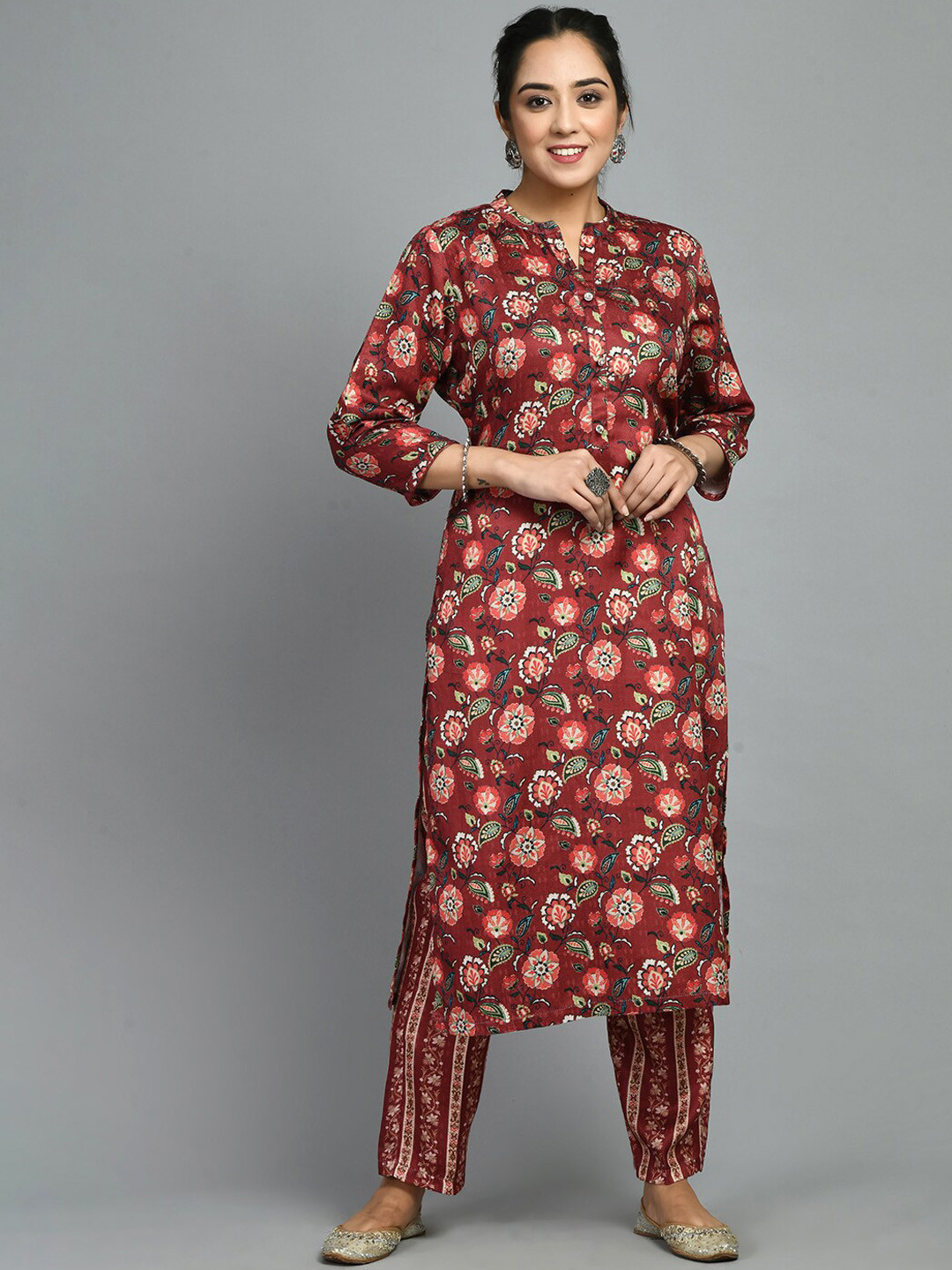 MEESAN Floral Printed Mandarin Collar Woolen Kurta with Trousers