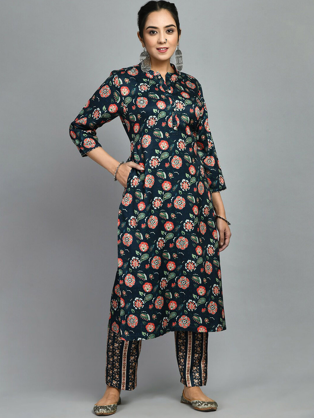 MEESAN Floral Printed Mandarin Collar Woolen Kurta with Trousers