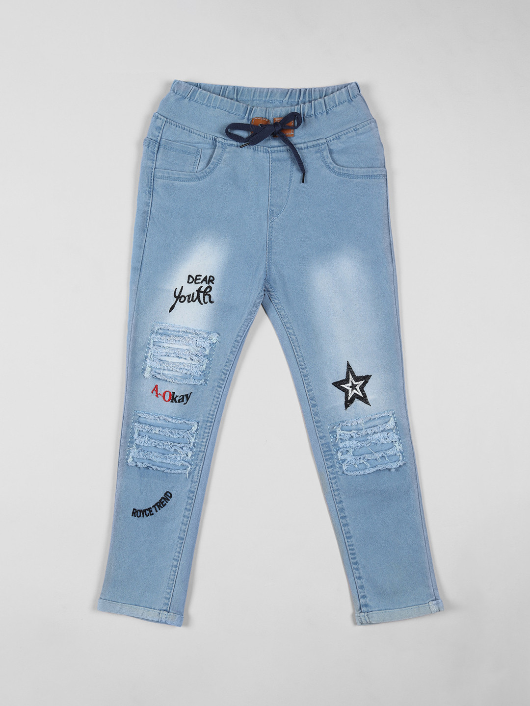 A-Okay Girls High-Rise Mildly Distressed Heavy Fade Embroidered Cotton Jeans