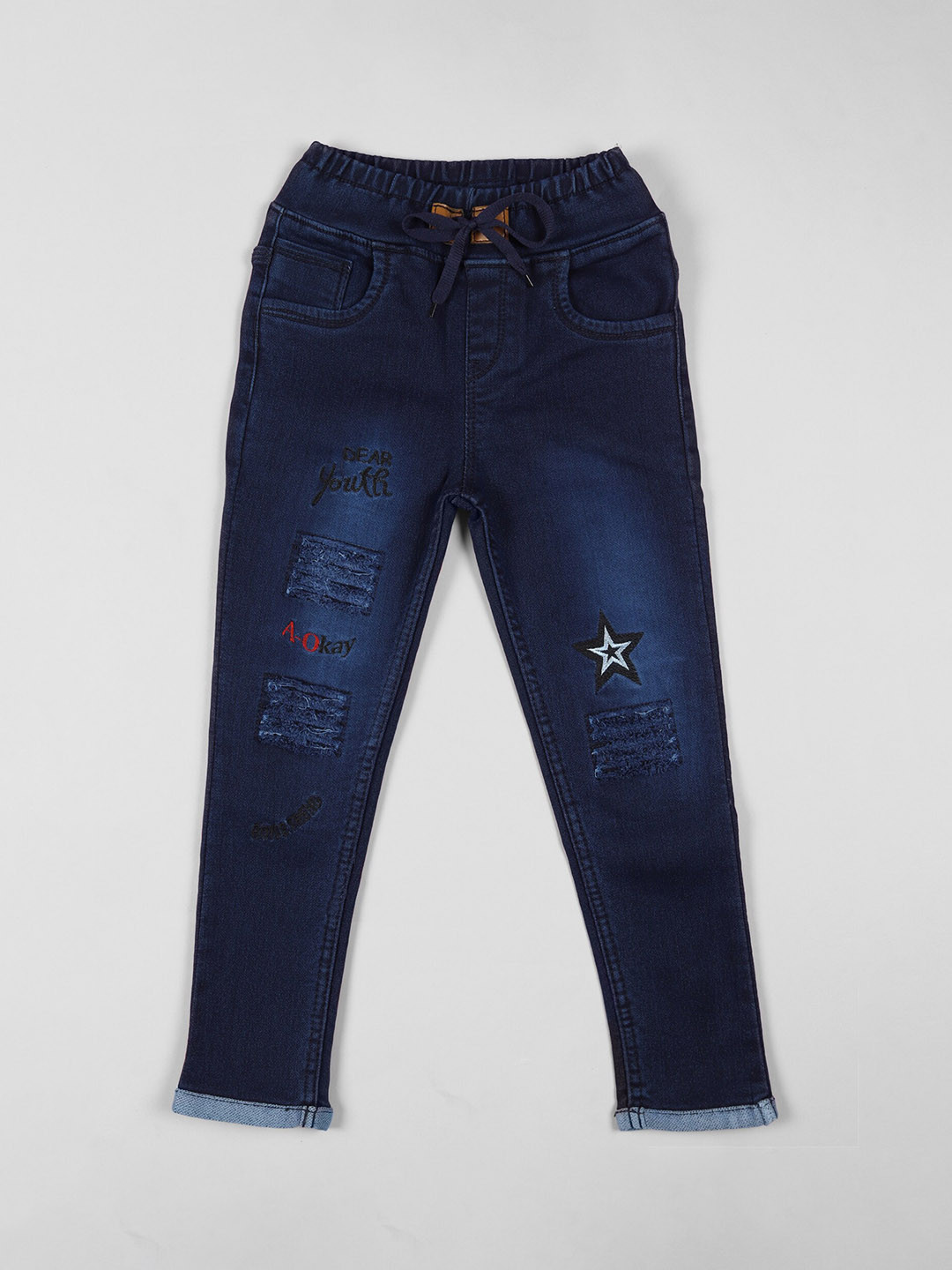A-Okay Kids High-Rise Mildly Distressed Light Fade Cotton Embroidered Slim Fit Jeans