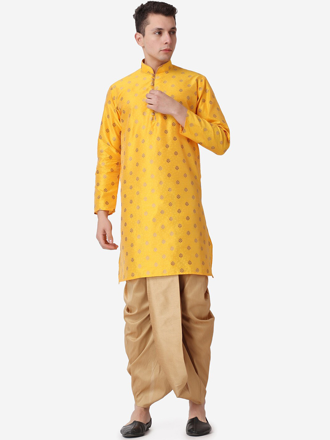 ROYAL KURTA Men Mustard Yellow Ethnic Motifs Kurta With Dhoti Pant