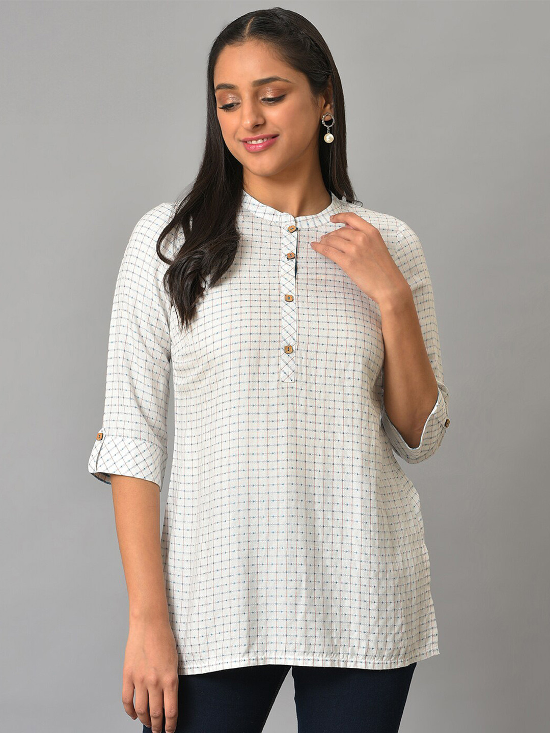 AURELIA Checked Band Collar Roll-Up Sleeves Top