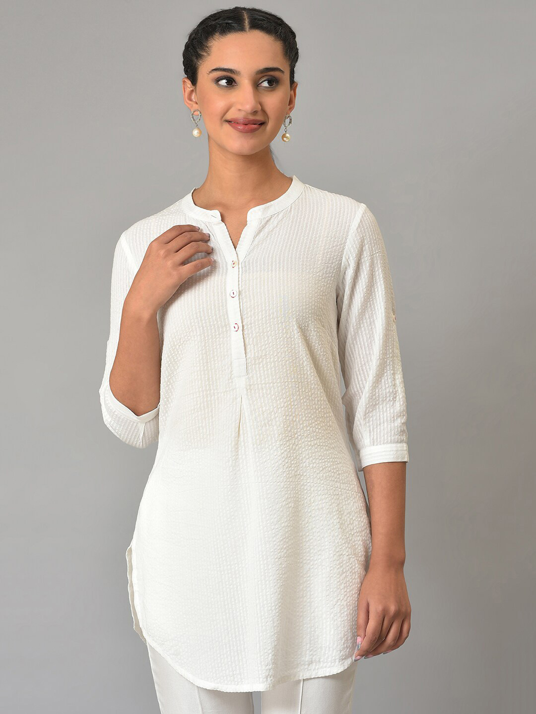 AURELIA Band Collar Striped Pure Cotton Tunic