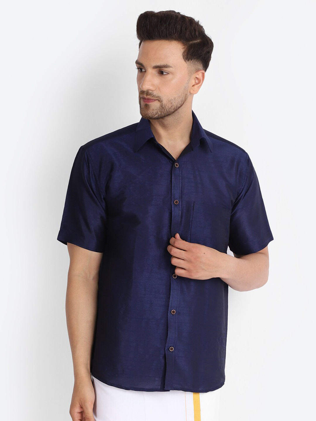 Kaifoo Men Navy Party Silk Shirt
