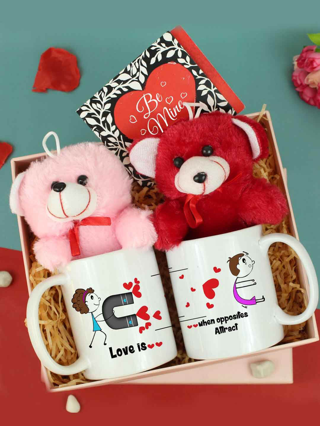 TIED RIBBONS Red & White Valentines Gift Mug Teddy Bear & Greeting Card Set