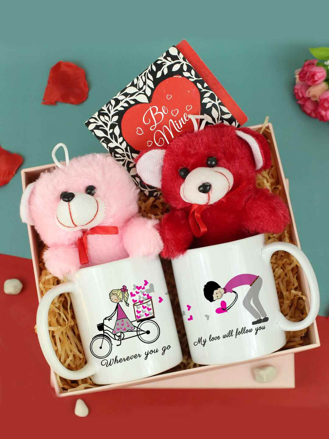 TIED RIBBONS Valentine Day Combo Gift Set Red & White 2 Mugs Teddy Bear & Greeting Card