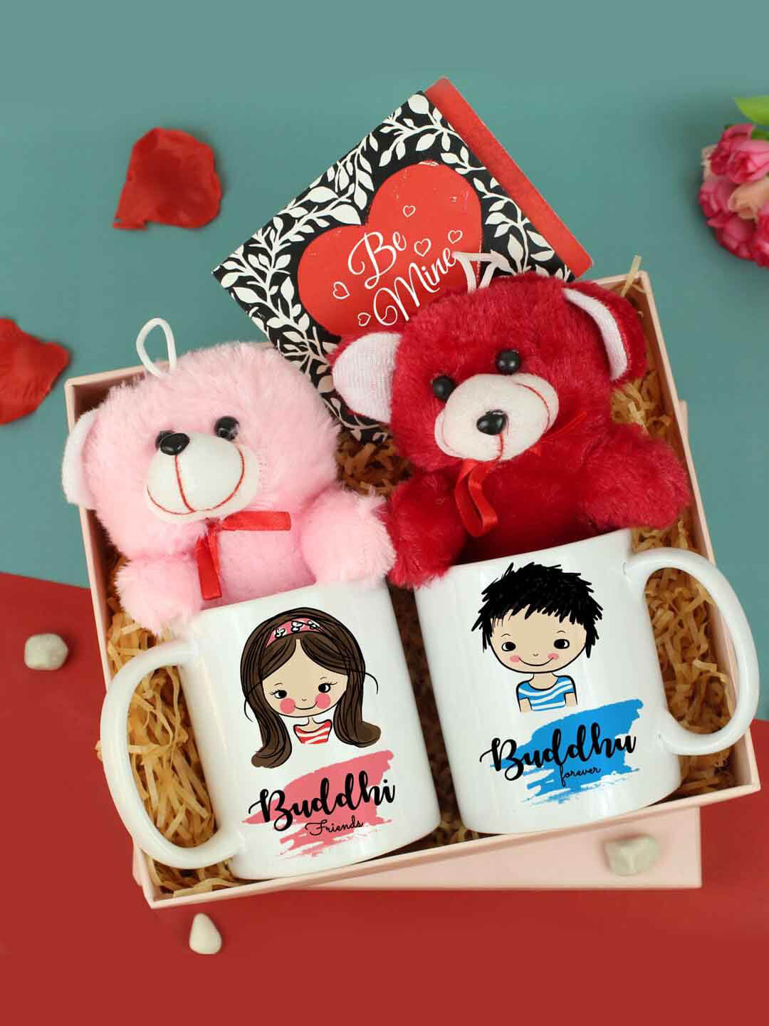 TIED RIBBONS Valentine Day Combo Gift Set Red & White Mugs Teddy Bear & Greeting Card