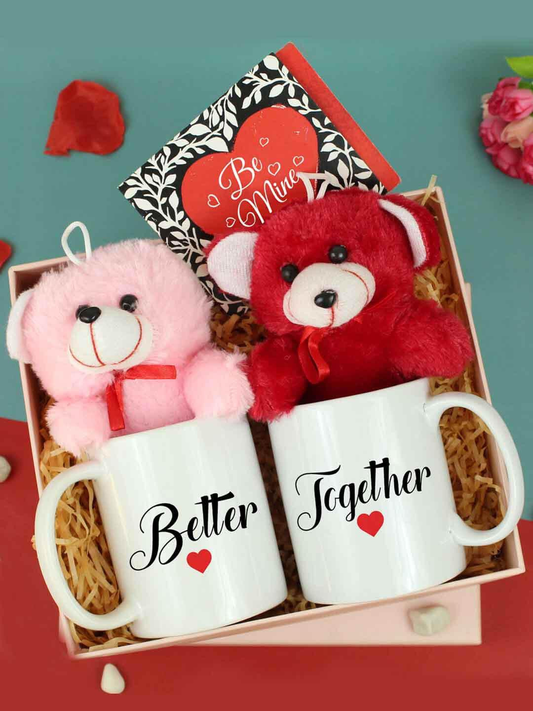 TIED RIBBONS Red & White Valentine Day Gift Mug Teddy Bear & Greeting Card Set