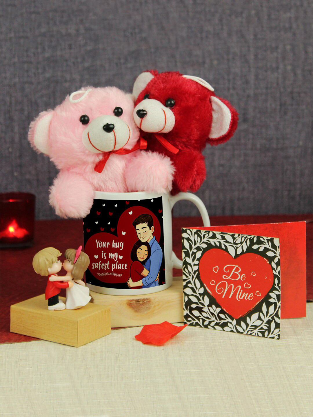 TIED RIBBONS Red & Pink 5-Pieces Statue Mug Card & Teddy Bear Valentine Gift Set