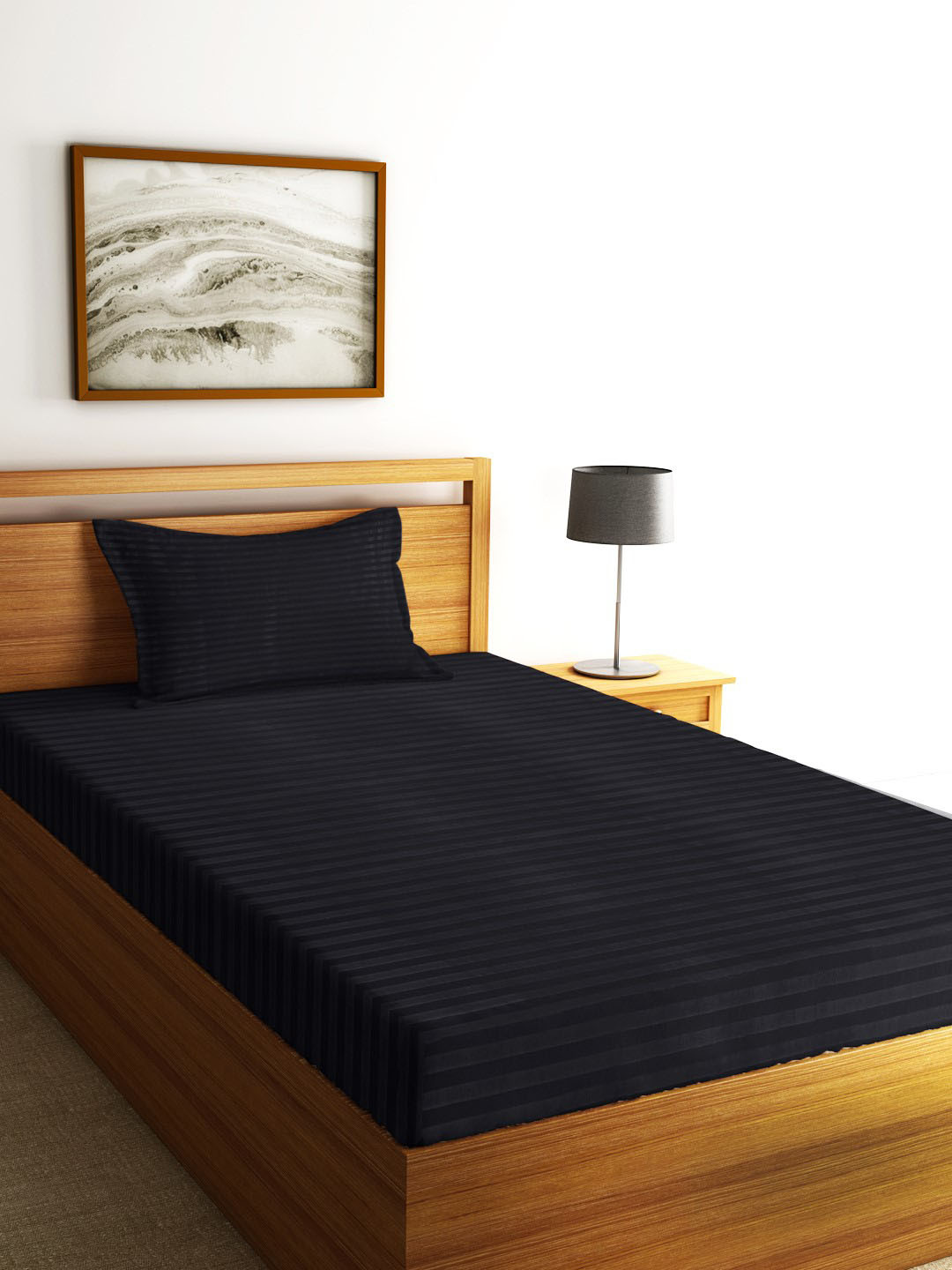 Home Sizzler Black Striped Cotton 300 TC Single Fine Bedsheet with 2 Pillow Covers-91 x 55 inches